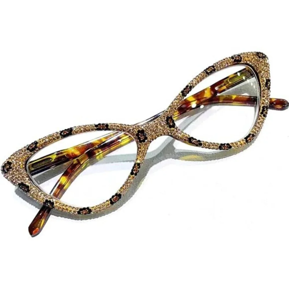 Leopard Rhinestone Cat-Eye Glasses – Retro  Frames with Leopard Accents X1.5 Mag